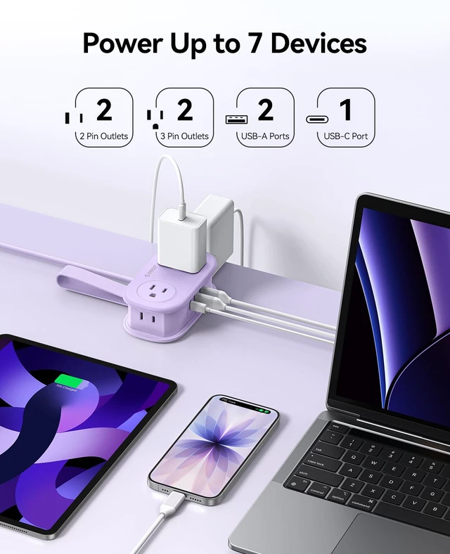 Alt view image 2 of 7 - Purple Travel Power Strip with 4 AC Outlets 3 USB Ports (1 USB-C) PD20W 4FT Flat Plug Extension Cord, Compact Portable Design for Business Travel, Cruise Ship Essentials-AP3