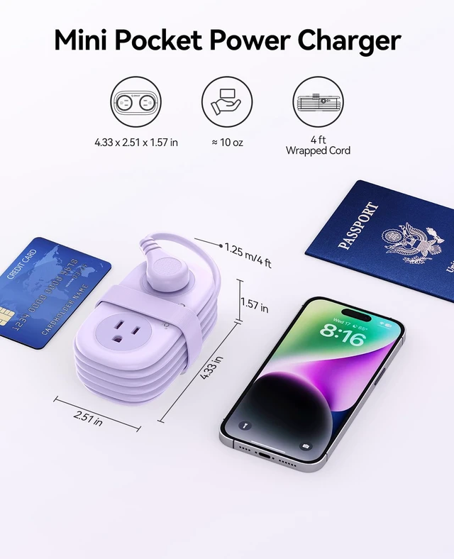 Alt view image 4 of 7 - Purple Travel Power Strip with 4 AC Outlets 3 USB Ports (1 USB-C) PD20W 4FT Flat Plug Extension Cord, Compact Portable Design for Business Travel, Cruise Ship Essentials-AP3