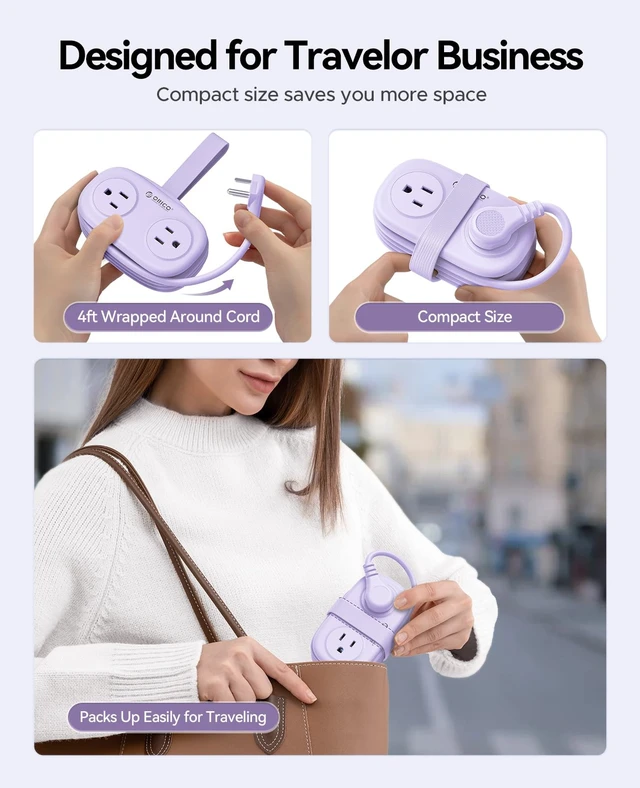 Alt view image 5 of 7 - Purple Travel Power Strip with 4 AC Outlets 3 USB Ports (1 USB-C) PD20W 4FT Flat Plug Extension Cord, Compact Portable Design for Business Travel, Cruise Ship Essentials-AP3
