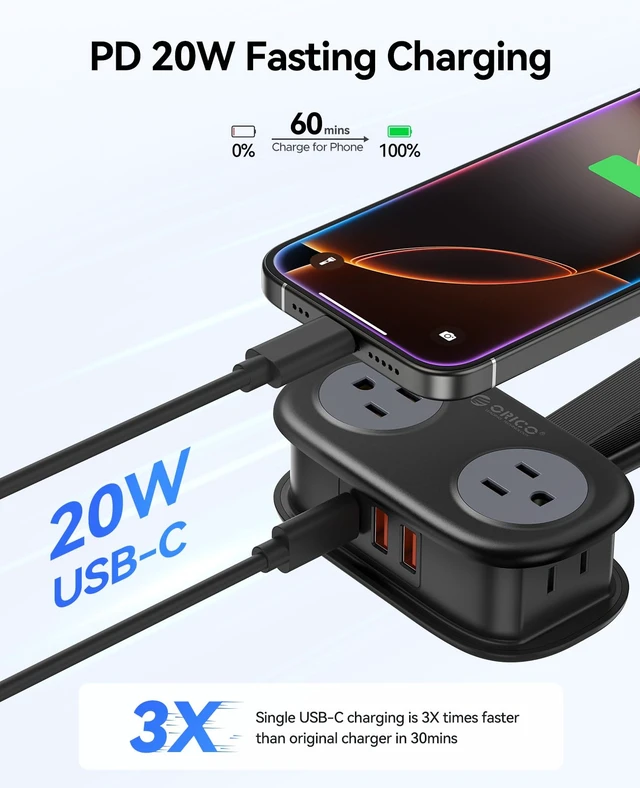 Alt view image 3 of 7 - Travel Power Strip PD20W with 4 AC Outlets 3 USB Ports (1 USB-C) 4FT Flat Plug Extension Cord, Compact Portable Design for Business Travel, Cruise Ship Essentials-AP3