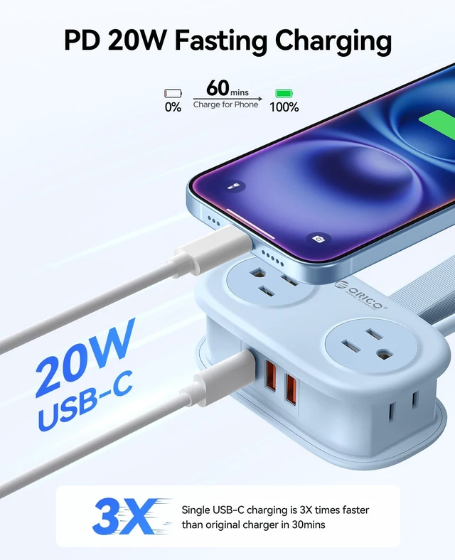 Alt view image 3 of 7 - Travel Power Strip PD20W with 4 AC Outlets 3 USB Ports (1 USB-C) 4FT Flat Plug Extension Cord, Compact Portable Design for Business Travel, Cruise Ship Essentials-AP3