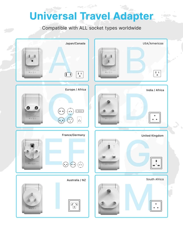 Alt view image 2 of 6 - Universal Travel Adapter Kit, Type A,B,C,D,E/F,G,I,M Detachable Plug 7 in 1 International Power Adapter with 4 Outlets 3 USB(2 USB-C), Travel Adaptor Worldwide for US EU UK India Africa France