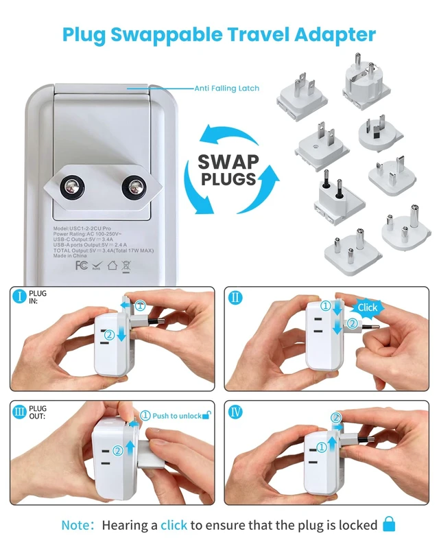 Alt view image 3 of 6 - Universal Travel Adapter Kit, Type A,B,C,D,E/F,G,I,M Detachable Plug 7 in 1 International Power Adapter with 4 Outlets 3 USB(2 USB-C), Travel Adaptor Worldwide for US EU UK India Africa France