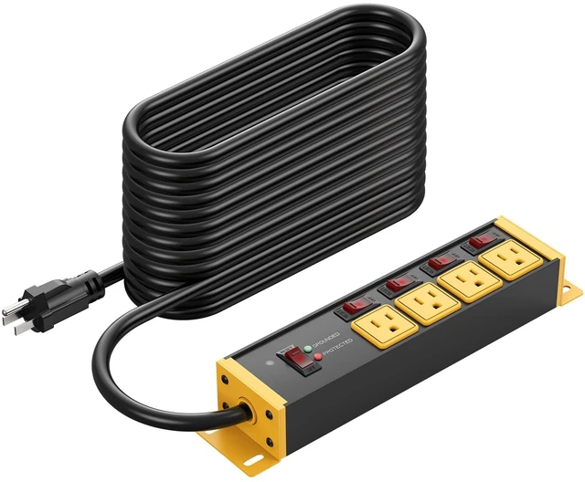 Main image of 12 Gauge Long Extension Cord, Individual Switches, Yellow, 100FT. Multiple Outlets, Heavy Duty Surge Protector Power Strip, Outdoor, Grounded, Appliance, Garage Wall Mount Plug Extender