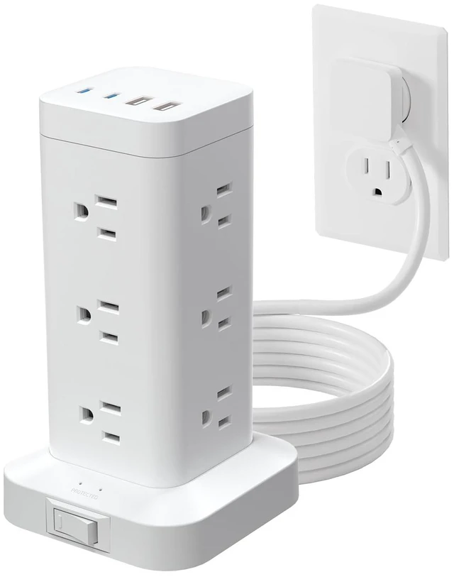 Main image of Tower Power Strip with PD 30W Fast-Charging Port, 12 Outlets, 4 USB Ports (2 USB-C), 1800J Surge Protector, Charging Station for Multiple Devices,15FT Extension Cord, White, Home Office Essentials