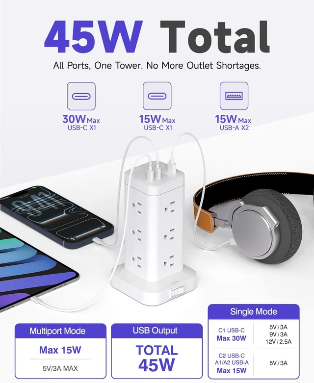 Alt view image 2 of 7 - Tower Power Strip with PD 30W Fast-Charging Port, 12 Outlets, 4 USB Ports (2 USB-C), 1800J Surge Protector, Charging Station for Multiple Devices,15FT Extension Cord, White, Home Office Essentials