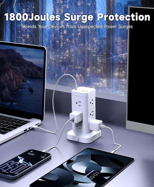 Alt view image 3 of 7 - Tower Power Strip with PD 30W Fast-Charging Port, 12 Outlets, 4 USB Ports (2 USB-C), 1800J Surge Protector, Charging Station for Multiple Devices,15FT Extension Cord, White, Home Office Essentials