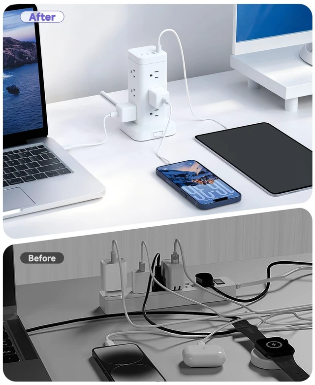 Alt view image 5 of 7 - Tower Power Strip with PD 30W Fast-Charging Port, 12 Outlets, 4 USB Ports (2 USB-C), 1800J Surge Protector, Charging Station for Multiple Devices,15FT Extension Cord, White, Home Office Essentials