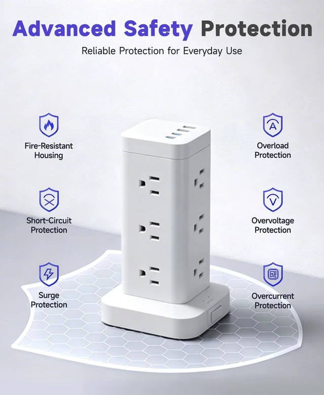 Alt view image 6 of 7 - Tower Power Strip with PD 30W Fast-Charging Port, 12 Outlets, 4 USB Ports (2 USB-C), 1800J Surge Protector, Charging Station for Multiple Devices,15FT Extension Cord, White, Home Office Essentials