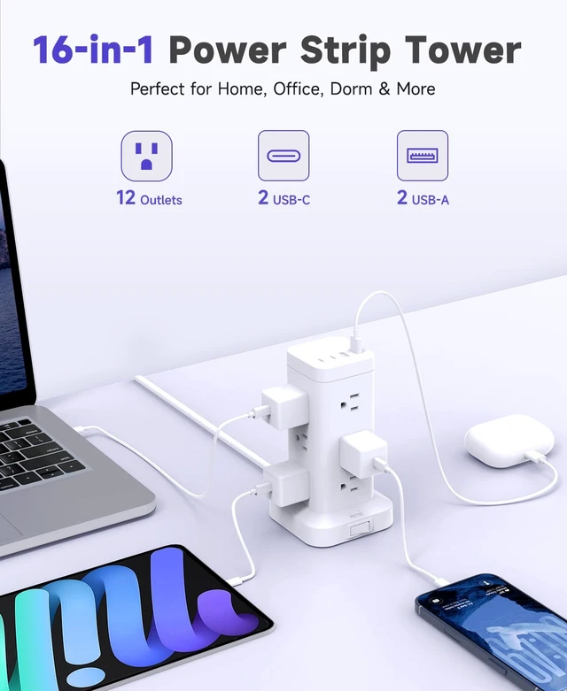 Alt view image 7 of 7 - Tower Power Strip with PD 30W Fast-Charging Port, 12 Outlets, 4 USB Ports (2 USB-C), 1800J Surge Protector, Charging Station for Multiple Devices,15FT Extension Cord, White, Home Office Essentials