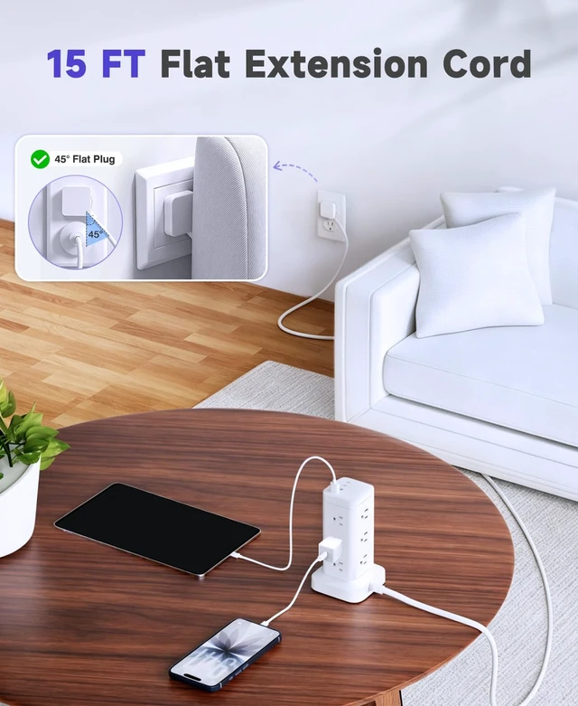 Alt view image 4 of 7 - Tower Power Strip with PD 30W Fast-Charging Port, 12 Outlets, 4 USB Ports (2 USB-C), 1800J Surge Protector, Charging Station for Multiple Devices,15FT Extension Cord, White, Home Office Essentials