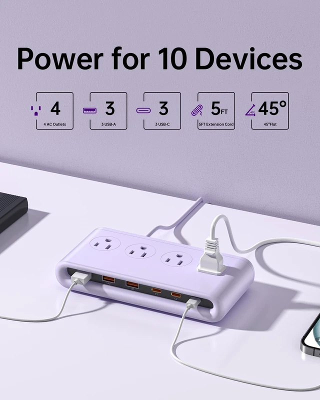 Alt view image 2 of 7 - USB Power Strip with 20W PD, 4AC & 6 USB Flat Plug Extension Cord 5 FT Outlets Desktop Charging Station with Extension Cord, Compact Outlet Extender for Home, Office, Dorm and Travel