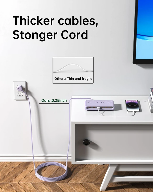 Alt view image 6 of 7 - USB Power Strip with 20W PD, 4AC & 6 USB Flat Plug Extension Cord 5 FT Outlets Desktop Charging Station with Extension Cord, Compact Outlet Extender for Home, Office, Dorm and Travel