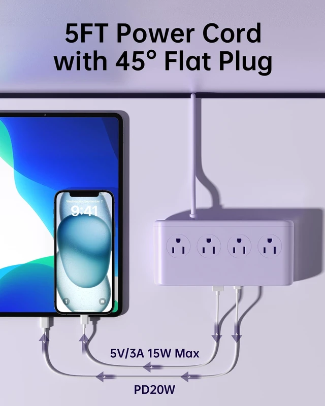 Alt view image 4 of 7 - USB Power Strip with 20W PD, 4AC & 6 USB Flat Plug Extension Cord 5 FT Outlets Desktop Charging Station with Extension Cord, Compact Outlet Extender for Home, Office, Dorm and Travel