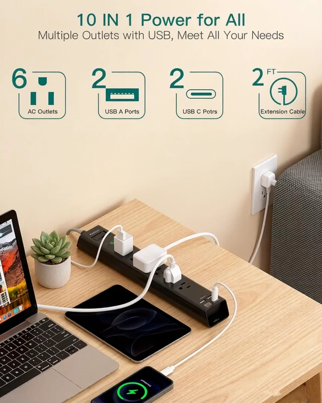 Alt view image 2 of 7 - Surge Protector Power Strip - 2ft Extension Cord with 6 AC Outlets 4 USB Flat Plug Power Strip with 2 USB-C, 1875W/15A, 900J Surge Protection, Outlet Extender for Home Office Dorm Room Essentials
