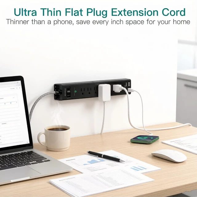 Alt view image 3 of 7 - Surge Protector Power Strip - 2ft Extension Cord with 6 AC Outlets 4 USB Flat Plug Power Strip with 2 USB-C, 1875W/15A, 900J Surge Protection, Outlet Extender for Home Office Dorm Room Essentials