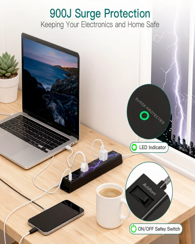 Alt view image 6 of 7 - Surge Protector Power Strip - 2ft Extension Cord with 6 AC Outlets 4 USB Flat Plug Power Strip with 2 USB-C, 1875W/15A, 900J Surge Protection, Outlet Extender for Home Office Dorm Room Essentials