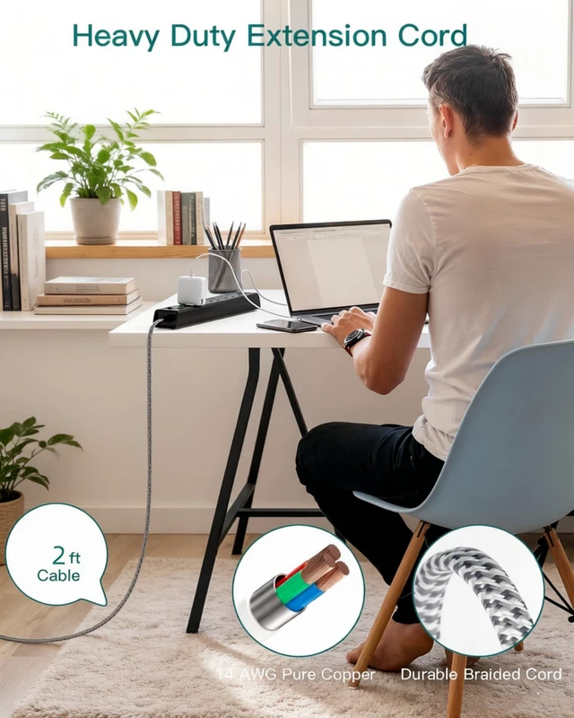 Alt view image 7 of 7 - Surge Protector Power Strip - 2ft Extension Cord with 6 AC Outlets 4 USB Flat Plug Power Strip with 2 USB-C, 1875W/15A, 900J Surge Protection, Outlet Extender for Home Office Dorm Room Essentials