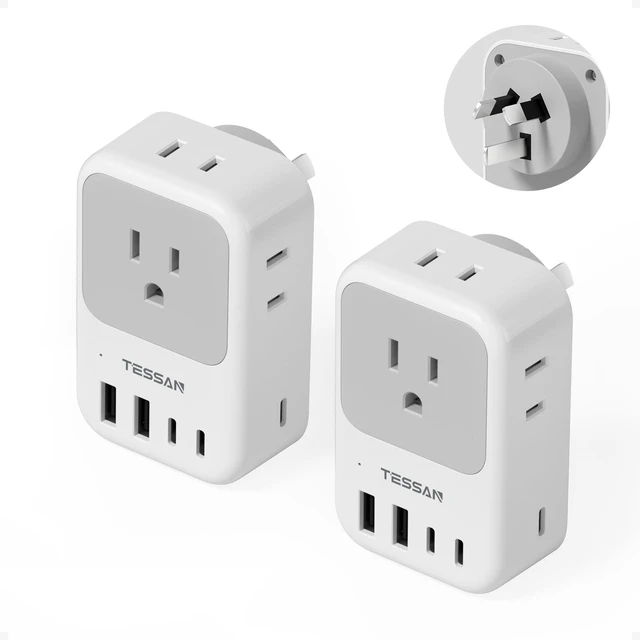 Main image of Australia Plug Adapter, 2 Pack 28W New Zealand Power Adapter, 4 Outlets 5 USB Ports (3 USB-C), Type I Travel Adaptor