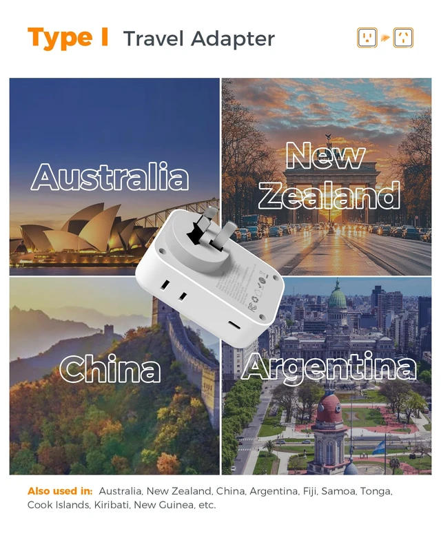 Alt view image 2 of 7 - Australia Plug Adapter, 2 Pack 28W New Zealand Power Adapter, 4 Outlets 5 USB Ports (3 USB-C), Type I Travel Adaptor