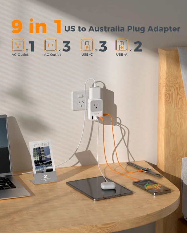 Alt view image 3 of 7 - Australia Plug Adapter, 2 Pack 28W New Zealand Power Adapter, 4 Outlets 5 USB Ports (3 USB-C), Type I Travel Adaptor