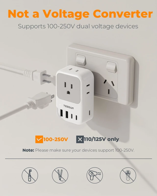 Alt view image 5 of 7 - Australia Plug Adapter, 2 Pack 28W New Zealand Power Adapter, 4 Outlets 5 USB Ports (3 USB-C), Type I Travel Adaptor