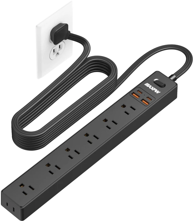 Main image of 10 Ft Extension Cord Power Strip,Surge Protector,7 AC Outlets 4 USB(2USB-C) 1700J, 0.33in 45°Ultra Thin Flat Plug, 1.9in Wide Spaced Outlet, 1875W, Desk Charging Station for Home Office Dorm, White