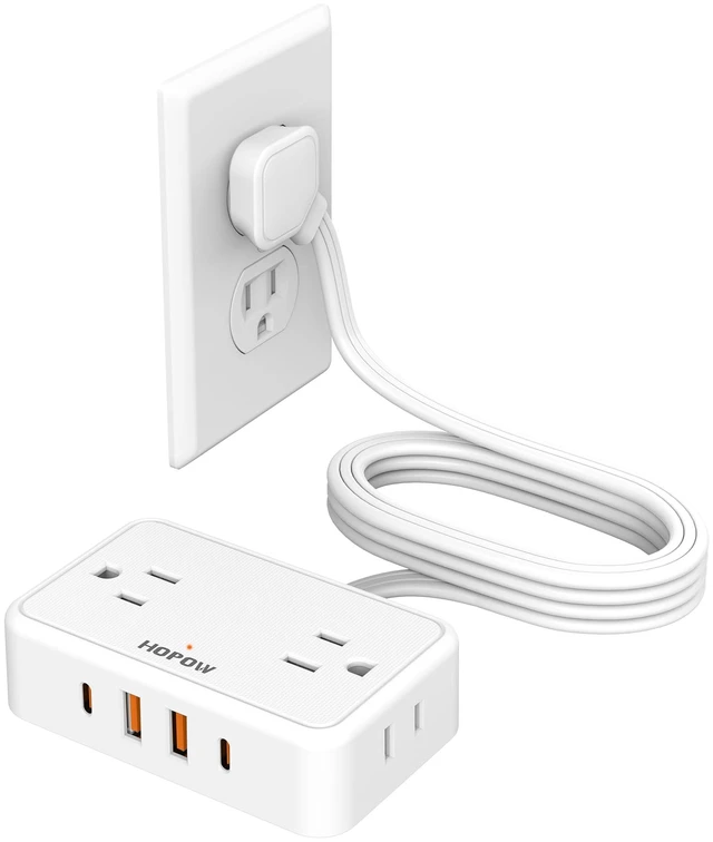 Main image of Flat Plug Extension Cord, 4AC&2A2C, 6 FT Power Strip for Travel Extension Cord with Multiple Outlets, 1625W/13A, 1.62in Wide Spaced, No Surge Protector for Cruise Ship, Room, White