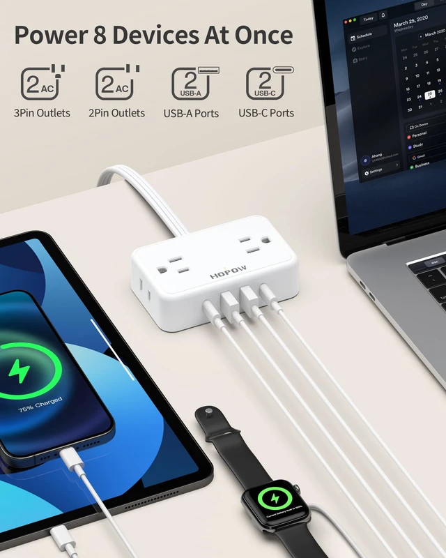 Alt view image 2 of 7 - Flat Plug Extension Cord, 4AC&2A2C, 6 FT Power Strip for Travel Extension Cord with Multiple Outlets, 1625W/13A, 1.62in Wide Spaced, No Surge Protector for Cruise Ship, Room, White