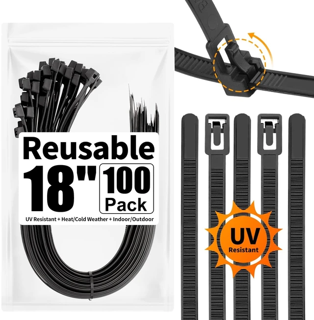 Main image of 100 Pack Reusable Zip Ties 18 Inch Heavy Duty UV Resistant Cable Ties Black Reusable Trigger Release / Heavy Duty Nylon / UV Weatherproof / Non-Slip Self-Locking / Smooth Round Ending No Hurt