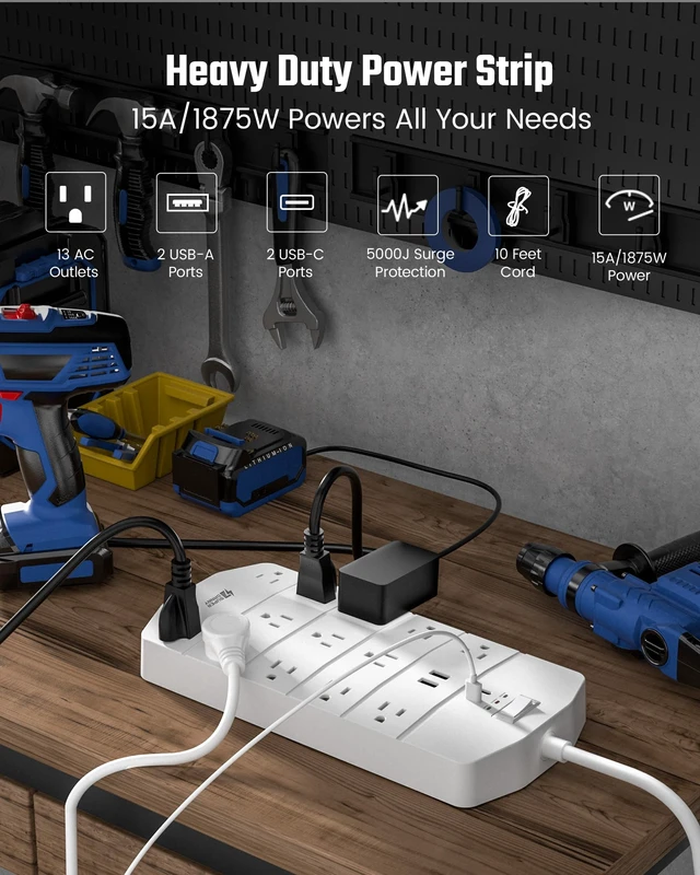 Alt view image 2 of 7 - Power Strip Surge Protector 5000J, 10FT, 15A, PD 20W, 13 AC White, 2 USB-A & 2 USB-C Fast Charging Heavy Duty 14AWG/3C Industrial Grade 10ft Extension Cord for Workbench Home Office