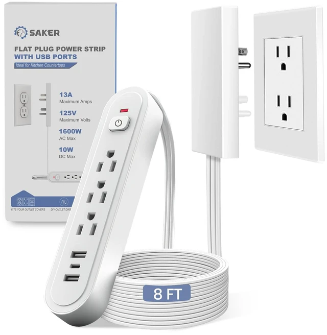 Main image of 8ft Surge Protector, 3 Outlets, 3 USB, Flat Plug, White 3 AC Outlets + 3 USB Ports, Built-In Surge Protection, 8ft Flat Extension Cord, Outlet Concealer for Home & Office