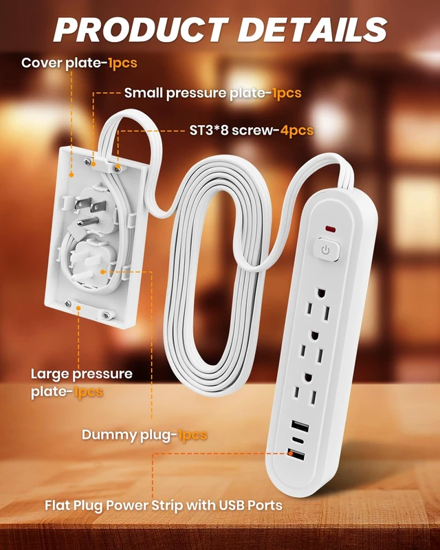 Alt view image 4 of 7 - 8ft Surge Protector, 3 Outlets, 3 USB, Flat Plug, White 3 AC Outlets + 3 USB Ports, Built-In Surge Protection, 8ft Flat Extension Cord, Outlet Concealer for Home & Office