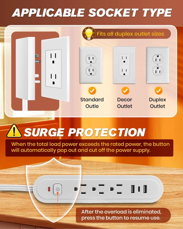 Alt view image 5 of 7 - 8ft Surge Protector, 3 Outlets, 3 USB, Flat Plug, White 3 AC Outlets + 3 USB Ports, Built-In Surge Protection, 8ft Flat Extension Cord, Outlet Concealer for Home & Office