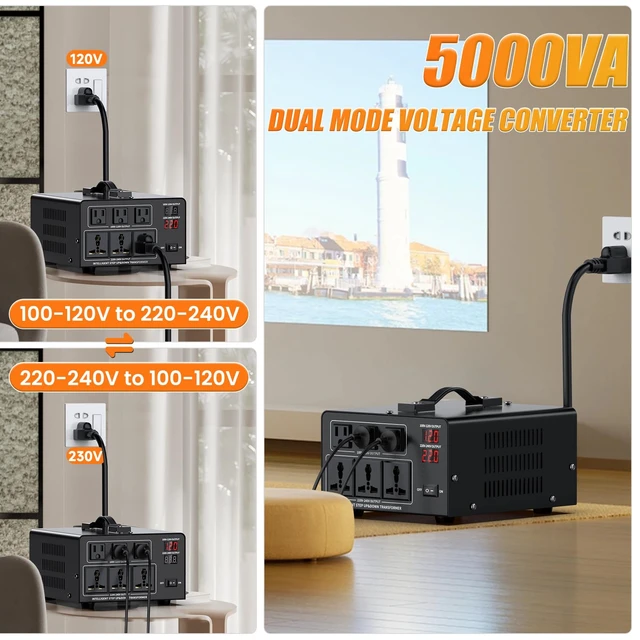Alt view image 2 of 7 - 5000W Voltage Converter Transformer Step Up 110V/120V to220V/240V or Step Down 220V to 110V AC Power Converte, Circuit Breaker Protection, 3 US sockets, 3 Universal sockets, LCD Display
