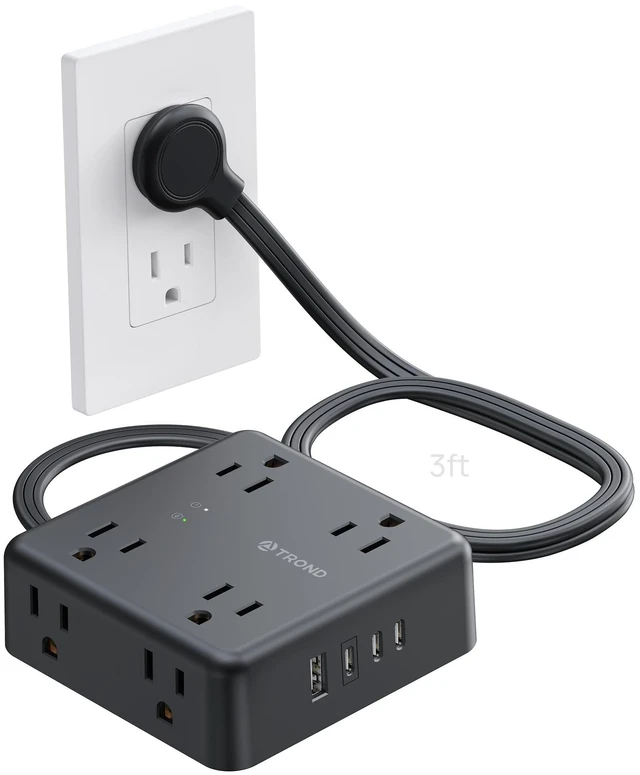 Main image of Surge Protector Power Strip, 3FT Flat Plug Extension Cord, Black 8 Outlets & 4 USB Ports(3 USB C), 1625W, 1440J, Wall Mount Outlet Extender for Home Office Dorm Room Essentials