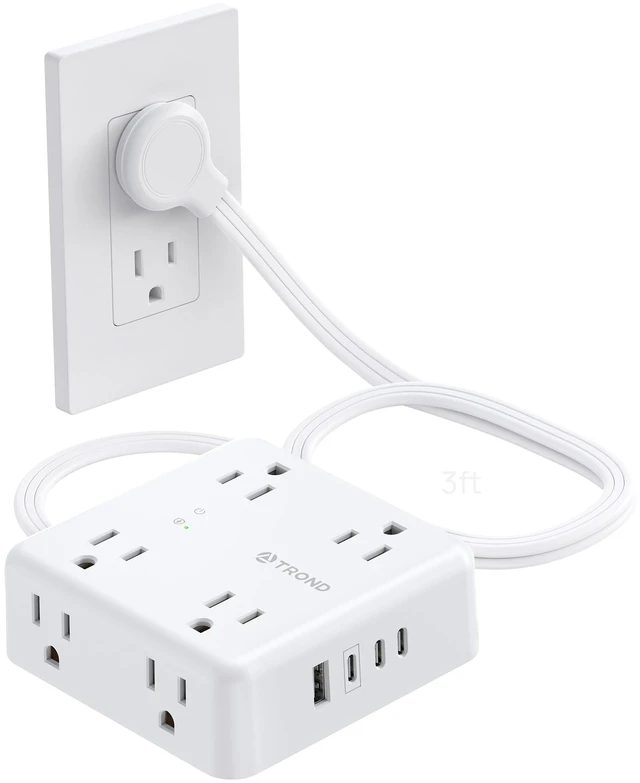 Main image of Surge Protector Power Strip, 3FT Flat Plug Extension Cord, White 8 Outlets & 4 USB Ports(3 USB C), 1625W, 1440J, Wall Mount Outlet Extender for Home Office Dorm Room Essentials