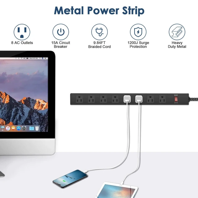 Alt view image 2 of 7 - 8 Outlet Metal Power Strip with Switch 1200J 10FT 14AWG Braided Cord Wide Spaced Moutable for Home Office Industrial Garage Commercial