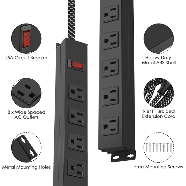 Alt view image 6 of 7 - 8 Outlet Metal Power Strip with Switch 1200J 10FT 14AWG Braided Cord Wide Spaced Moutable for Home Office Industrial Garage Commercial