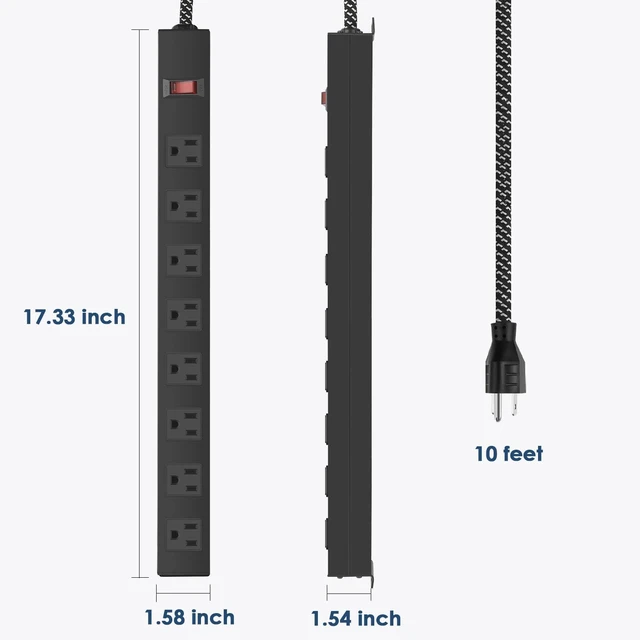 Alt view image 7 of 7 - 8 Outlet Metal Power Strip with Switch 1200J 10FT 14AWG Braided Cord Wide Spaced Moutable for Home Office Industrial Garage Commercial