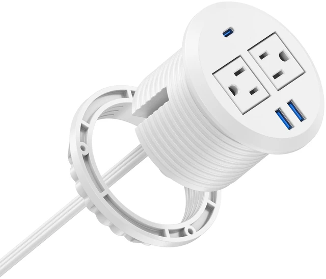 Main image of 2-in-1 Desktop Power Grommet with USB-C Output, 125V, 12A, 2 AC Outlets, 3 USB Charging Ports, White