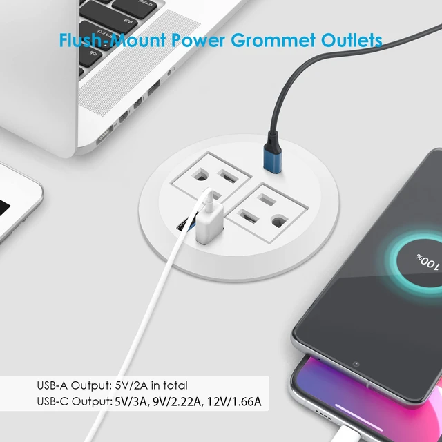 Alt view image 3 of 7 - 2-in-1 Desktop Power Grommet with USB-C Output, 125V, 12A, 2 AC Outlets, 3 USB Charging Ports, White