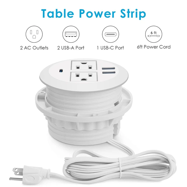 Alt view image 5 of 7 - 2-in-1 Desktop Power Grommet with USB-C Output, 125V, 12A, 2 AC Outlets, 3 USB Charging Ports, White