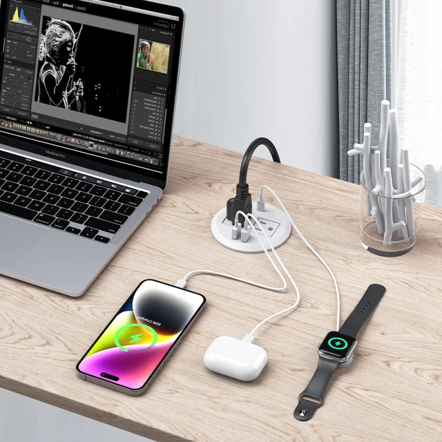 Alt view image 4 of 7 - 2-in-1 Desktop Power Grommet with USB-C Output, 125V, 12A, 2 AC Outlets, 3 USB Charging Ports, White