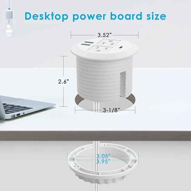 Alt view image 6 of 7 - 2-in-1 Desktop Power Grommet with USB-C Output, 125V, 12A, 2 AC Outlets, 3 USB Charging Ports, White