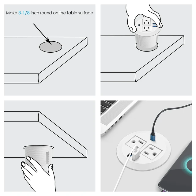 Alt view image 7 of 7 - 2-in-1 Desktop Power Grommet with USB-C Output, 125V, 12A, 2 AC Outlets, 3 USB Charging Ports, White