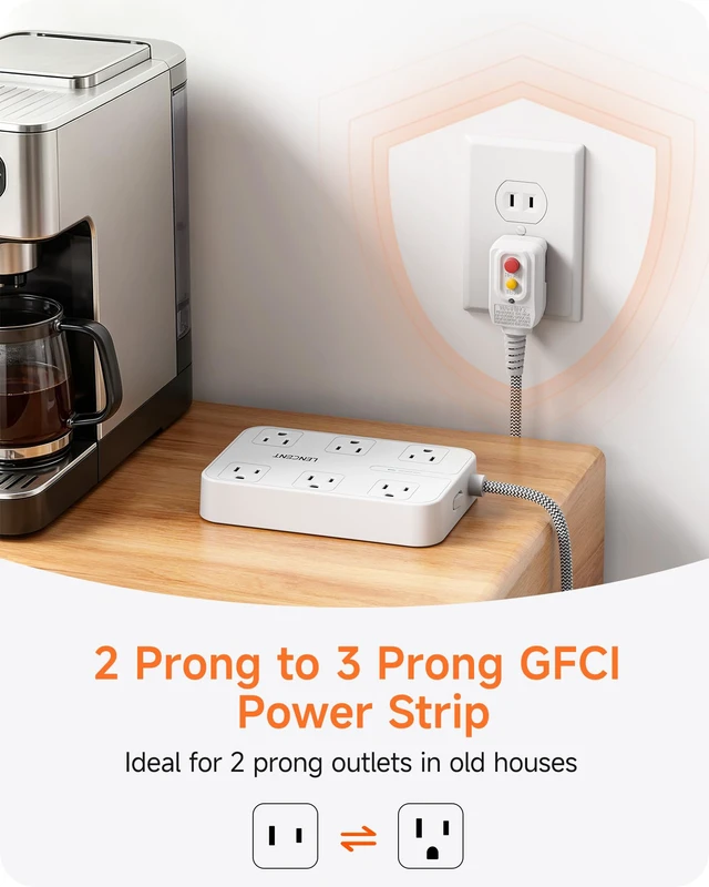Alt view image 2 of 7 - 2 Prong GFCI Power Strip with Surge Protection, 6 FT Extension Cord GFCI 2 Prong to 3 Prong Outlet Adapter, 6 AC & 4 USB Ports, 1050J Surge Protector for Non-Grounded Outlets, ETL Listed
