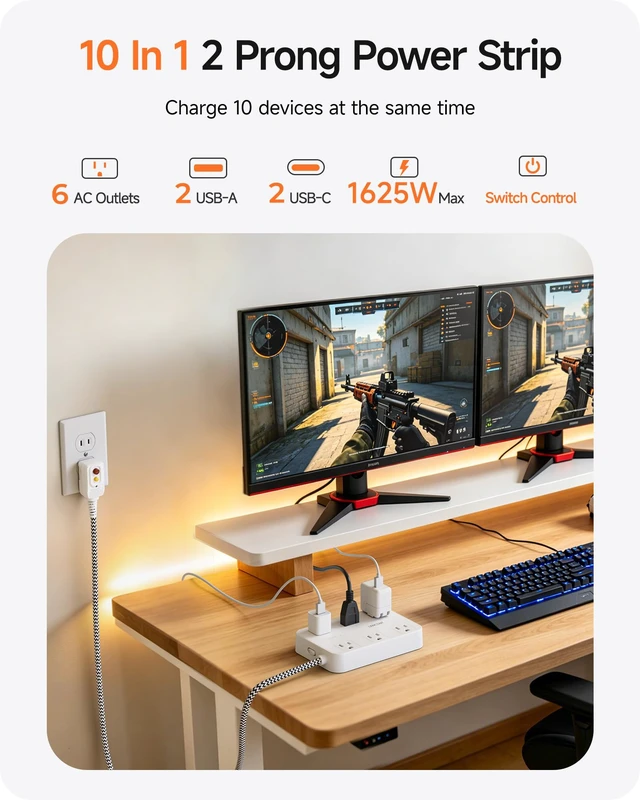 Alt view image 6 of 7 - 2 Prong GFCI Power Strip with Surge Protection, 6 FT Extension Cord GFCI 2 Prong to 3 Prong Outlet Adapter, 6 AC & 4 USB Ports, 1050J Surge Protector for Non-Grounded Outlets, ETL Listed