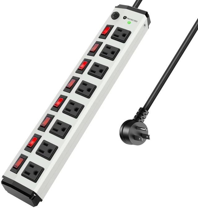 Main image of 8 Outlet Heavy Duty Power Strip with 8 Individual Switches 1200J White 6FT Moutable Metal Power Strip Surge Protector 15A 1800W 125V 60Hz 6FT 14AWG Extension Cord
