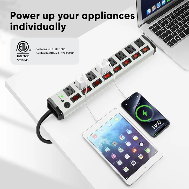 Alt view image 2 of 7 - 8 Outlet Heavy Duty Power Strip with 8 Individual Switches 1200J White 6FT Moutable Metal Power Strip Surge Protector 15A 1800W 125V 60Hz 6FT 14AWG Extension Cord